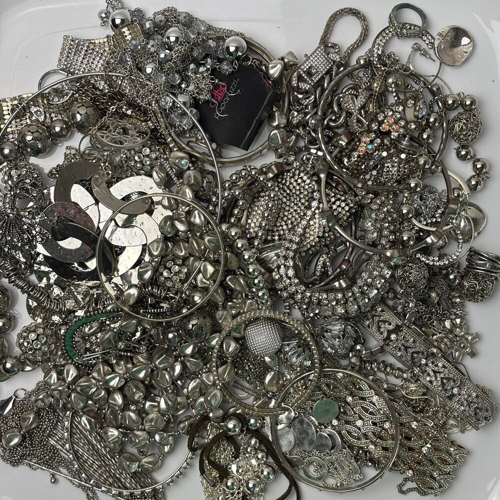 Curated Craft Jewelry Lot - 3 lbs Sparkly Silver Tone Rhinestone Bling